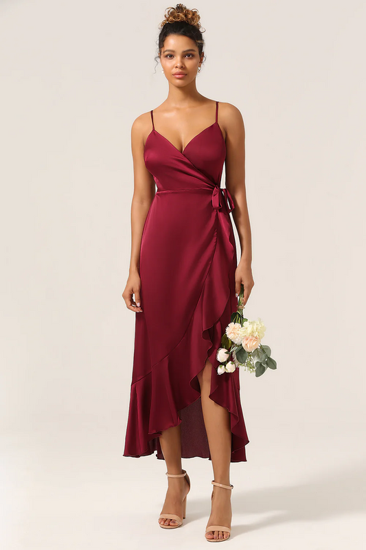 Asymmetric ruffled edge thin suspender V-neck bridesmaid dress