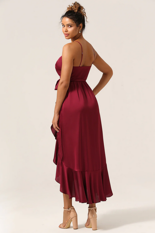 Asymmetric ruffled edge thin suspender V-neck bridesmaid dress