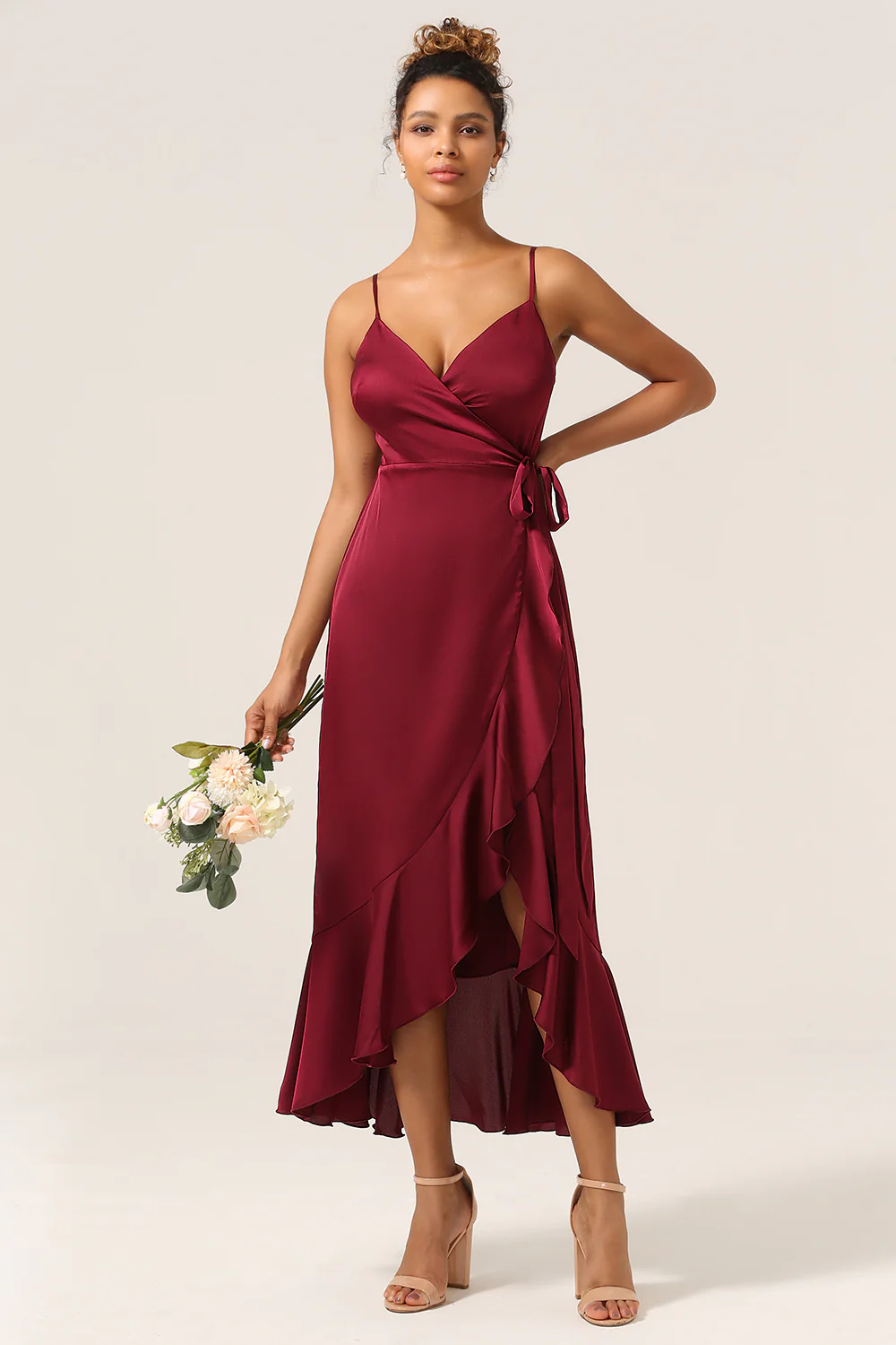 Asymmetric ruffled edge thin suspender V-neck bridesmaid dress