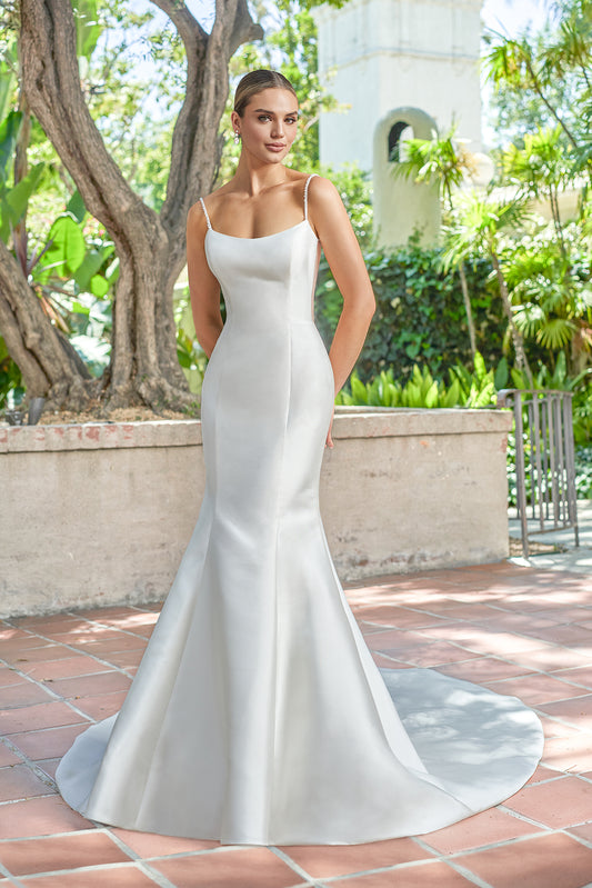 Thin shoulder strap backless waist cinched mermaid and ground trailing wedding dress