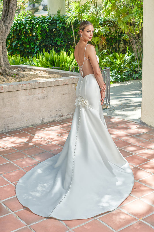 Thin shoulder strap backless waist cinched mermaid and ground trailing wedding dress