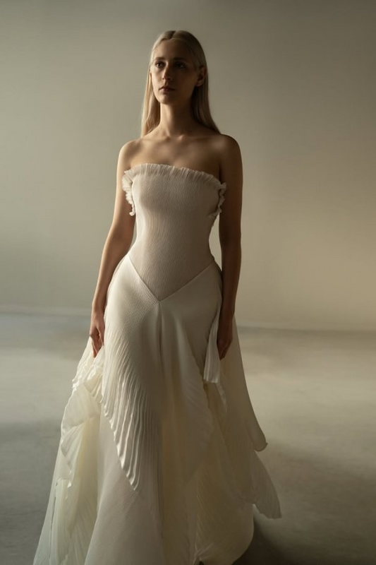 Chic Beige Pleated Strapless Contrast Color Stitching Prom Dress