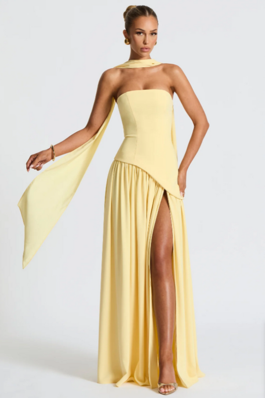 Light Yellow Fashion Split Strapless Summer Prom Dress With Scarf