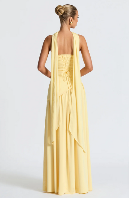 Light Yellow Fashion Split Strapless Summer Prom Dress With Scarf