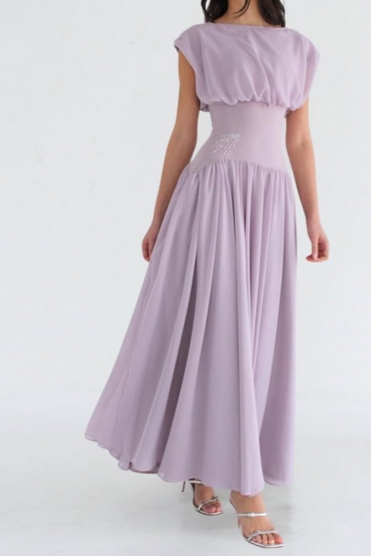 Lilac Chiffon Summer Bateau Sleeveless Prom Dress