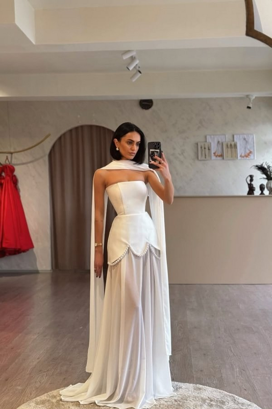Ivory Strapless Pearls Spliced Prom Dress
