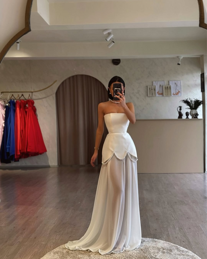 Ivory Strapless Pearls Spliced Prom Dress