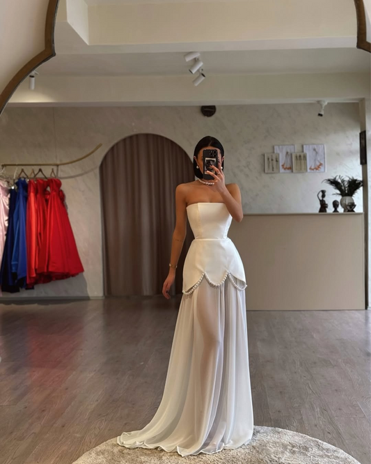 Ivory Strapless Pearls Spliced Prom Dress