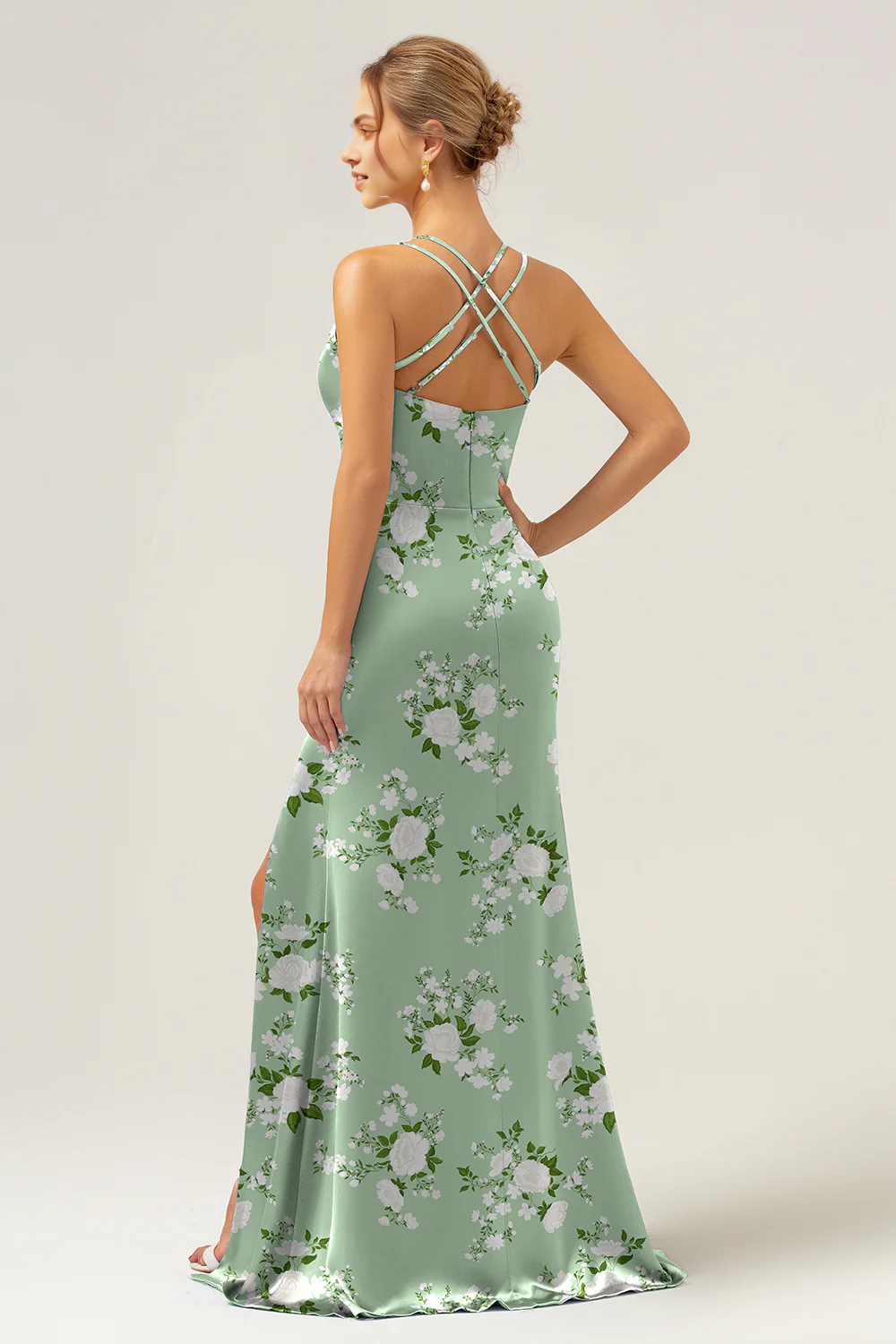 Thin camisole long bridesmaid dress with slit