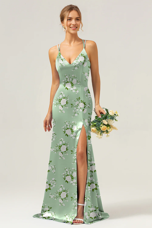 Thin camisole long bridesmaid dress with slit