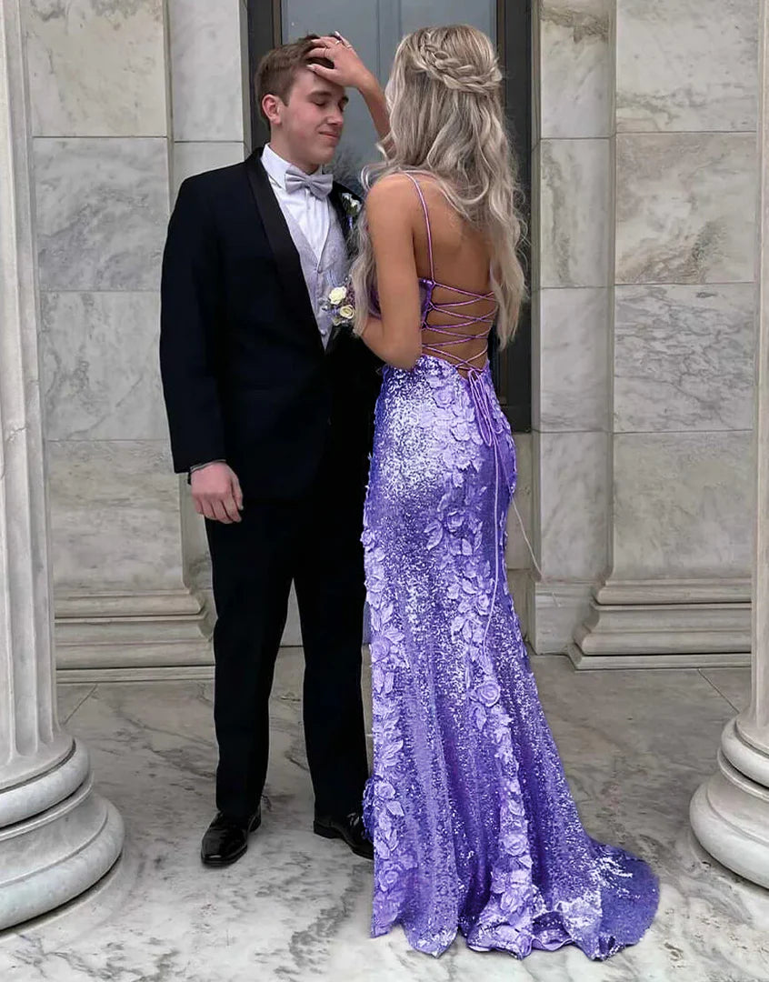 Sequin Side Slit Prom Dress with 3D Flowers