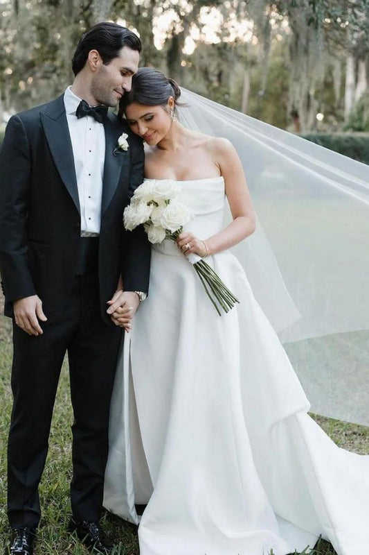 Elegant A Line Strapless White Long Bridal Dress with Split Front