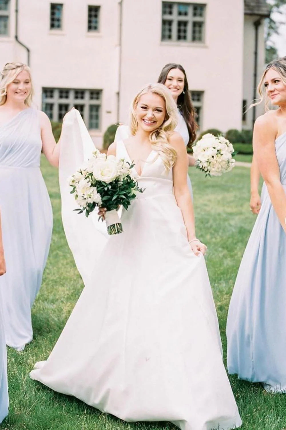 A Line V Neck White Long Wedding Dress with Bowknot