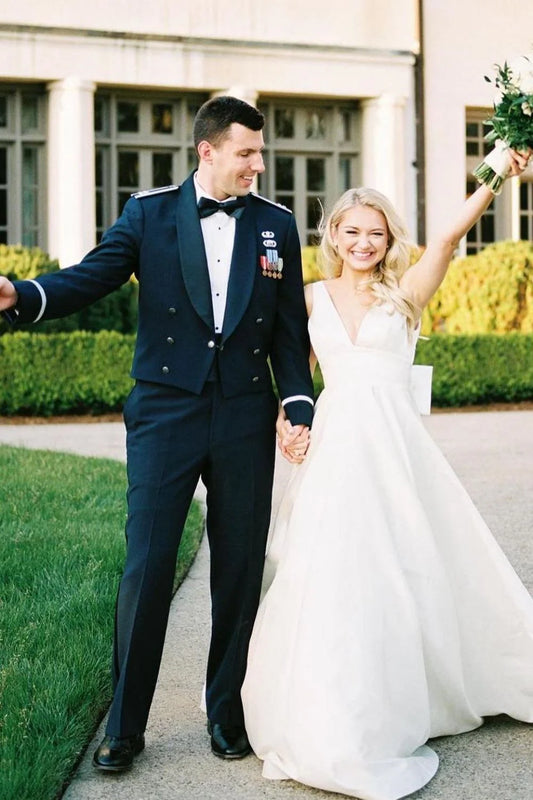A Line V Neck White Long Wedding Dress with Bowknot