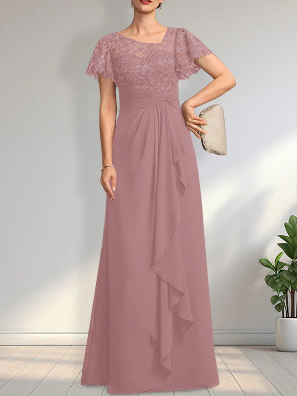 A-line Asymmetrical Illusion Floor-Length Lace Chiffon Mother of the Bride Dress With Cascading Ruffles Sequins