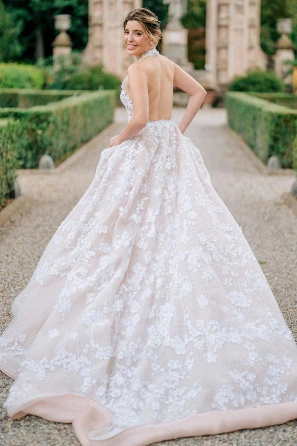 Luxurious A Line Halter Neck Light Champagne Long Prom Dress with Appliques