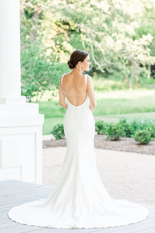Classic Mermaid Square Neck White Wedding Dress with Open Back