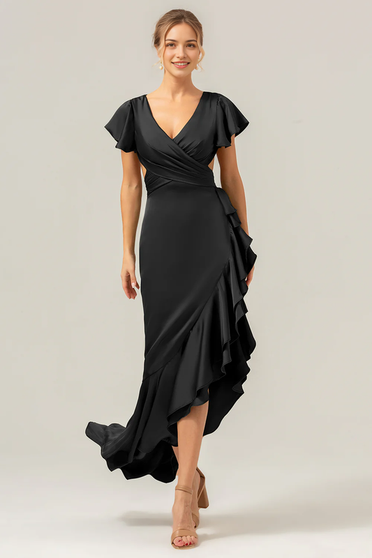 A V-neck asymmetrical pleated bridesmaid dress