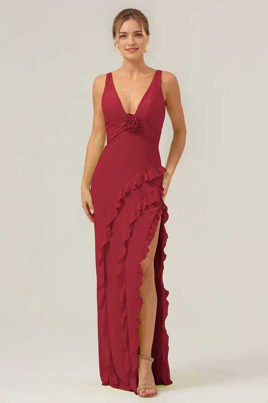 V-neck floral backless bridesmaid dress with ruffled edges
