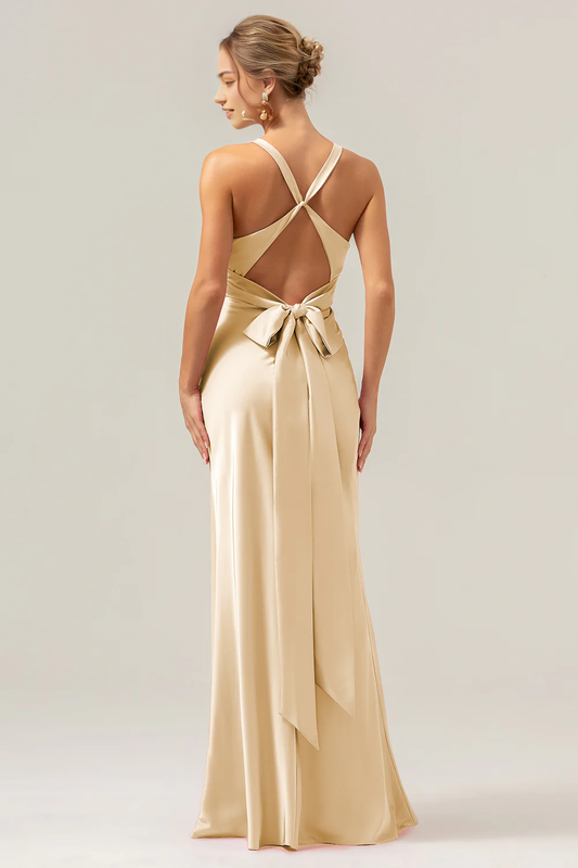Champagne mermaid deep V-neck pleated long bridesmaid dress with back tie