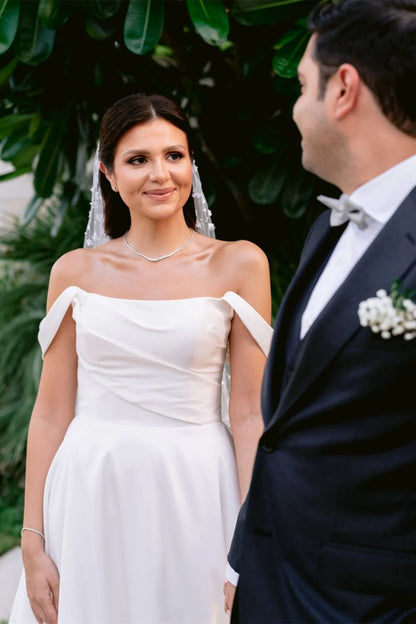 Elegant A Line Off the Shoulder White Long Wedding Dress with Ruched