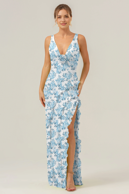 Big floral sheath V-neck backless bridesmaid dress with ruffles