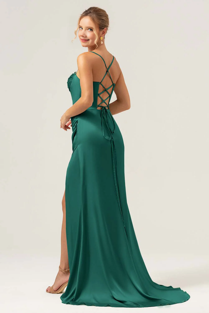 Collar pleated satin bridesmaid dress with slit