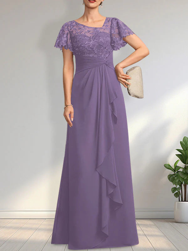 A-line Asymmetrical Illusion Floor-Length Lace Chiffon Mother of the Bride Dress With Cascading Ruffles Sequins