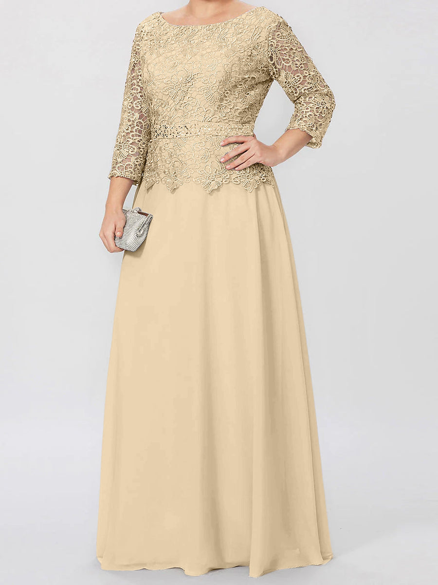 Round neck 3/4 long sleeved floor standing bridal mother dress with decals