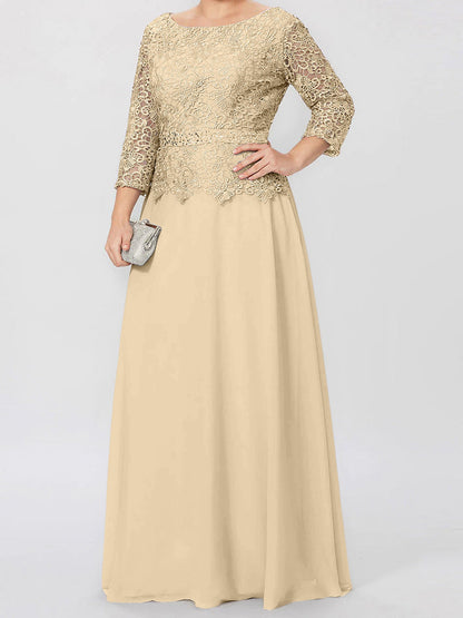 Round neck 3/4 long sleeved floor standing bridal mother dress with decals