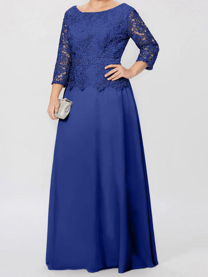 Round neck 3/4 long sleeved floor standing bridal mother dress with decals