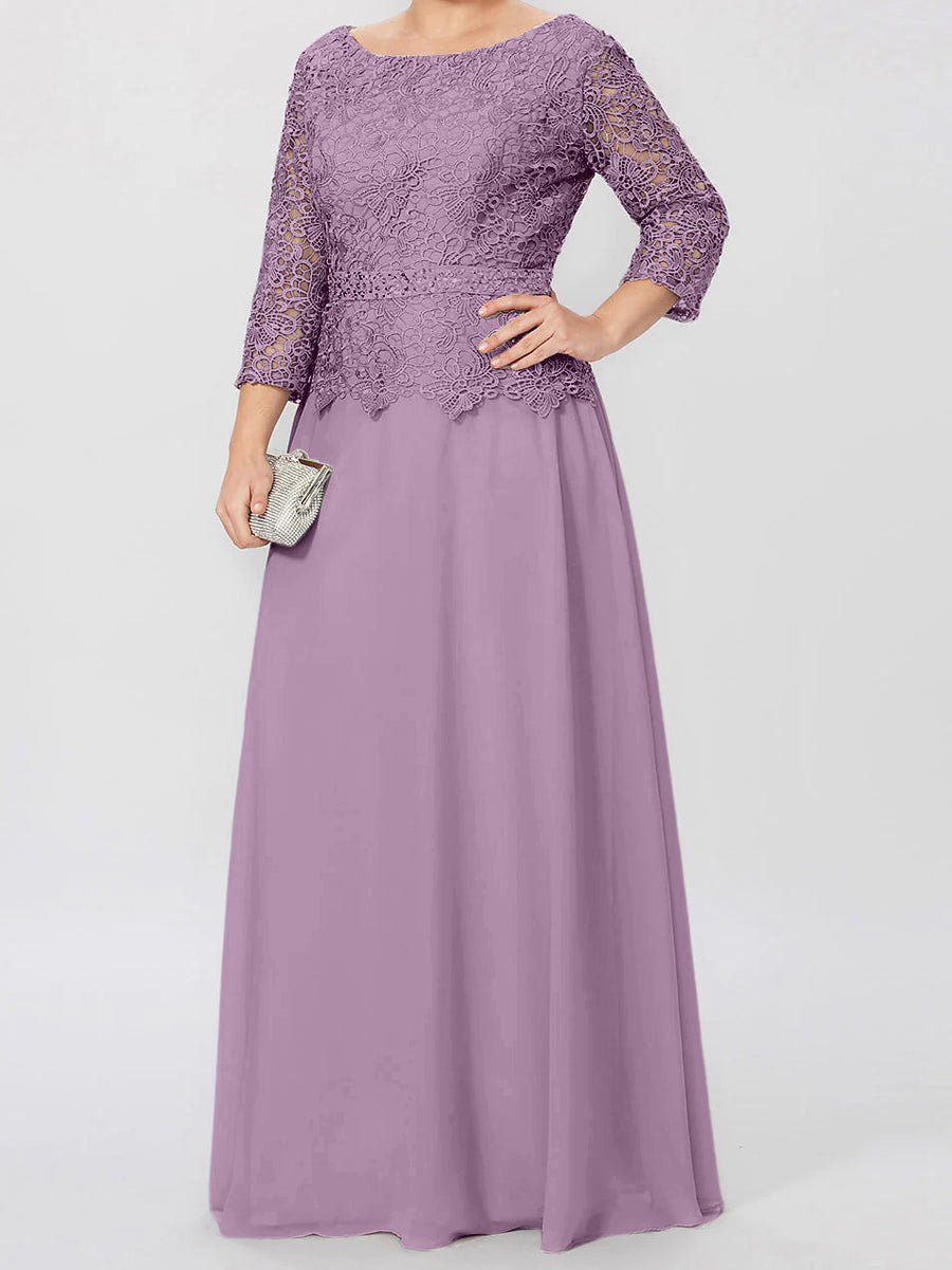 Round neck 3/4 long sleeved floor standing bridal mother dress with decals
