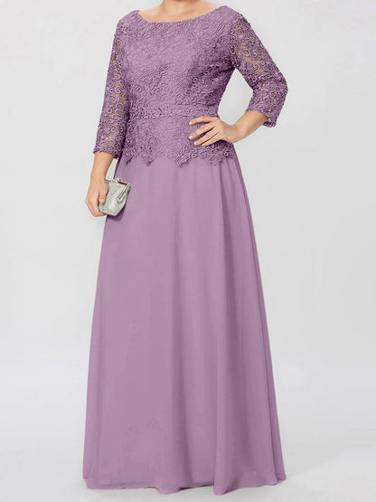 Round neck 3/4 long sleeved floor standing bridal mother dress with decals