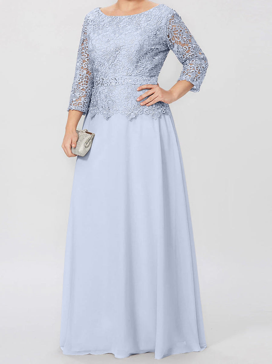 Round neck 3/4 long sleeved floor standing bridal mother dress with decals