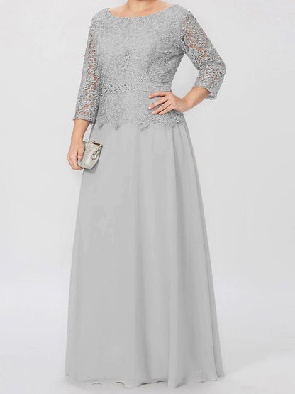 Round neck 3/4 long sleeved floor standing bridal mother dress with decals