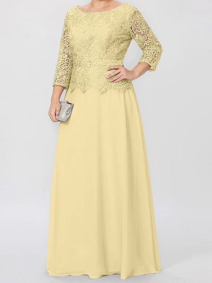 Round neck 3/4 long sleeved floor standing bridal mother dress with decals