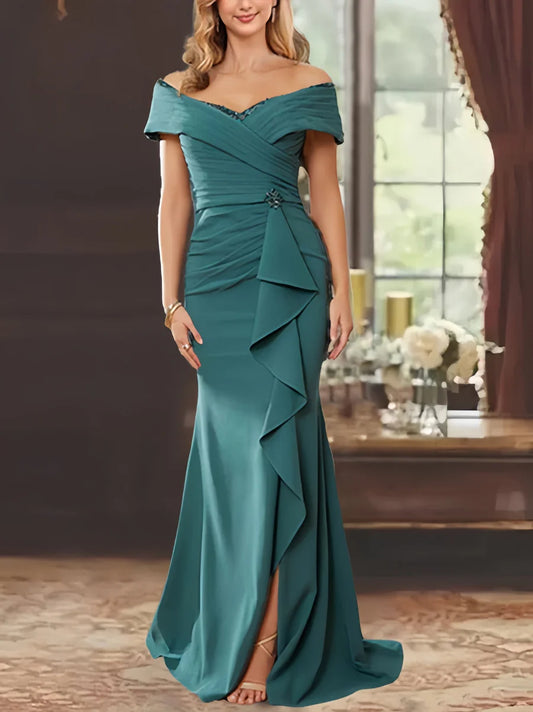 Tight off shoulder sleeveless floor standing bridal mother dress