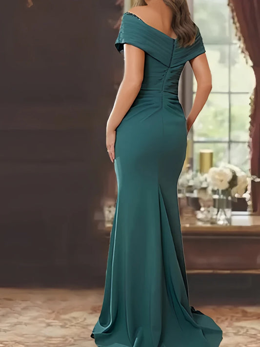 Tight off shoulder sleeveless floor standing bridal mother dress
