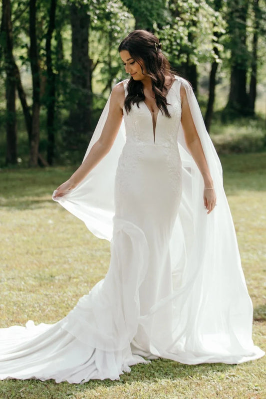 Classic Mermaid Deep V Neck White Long Wedding Dress with Cape
