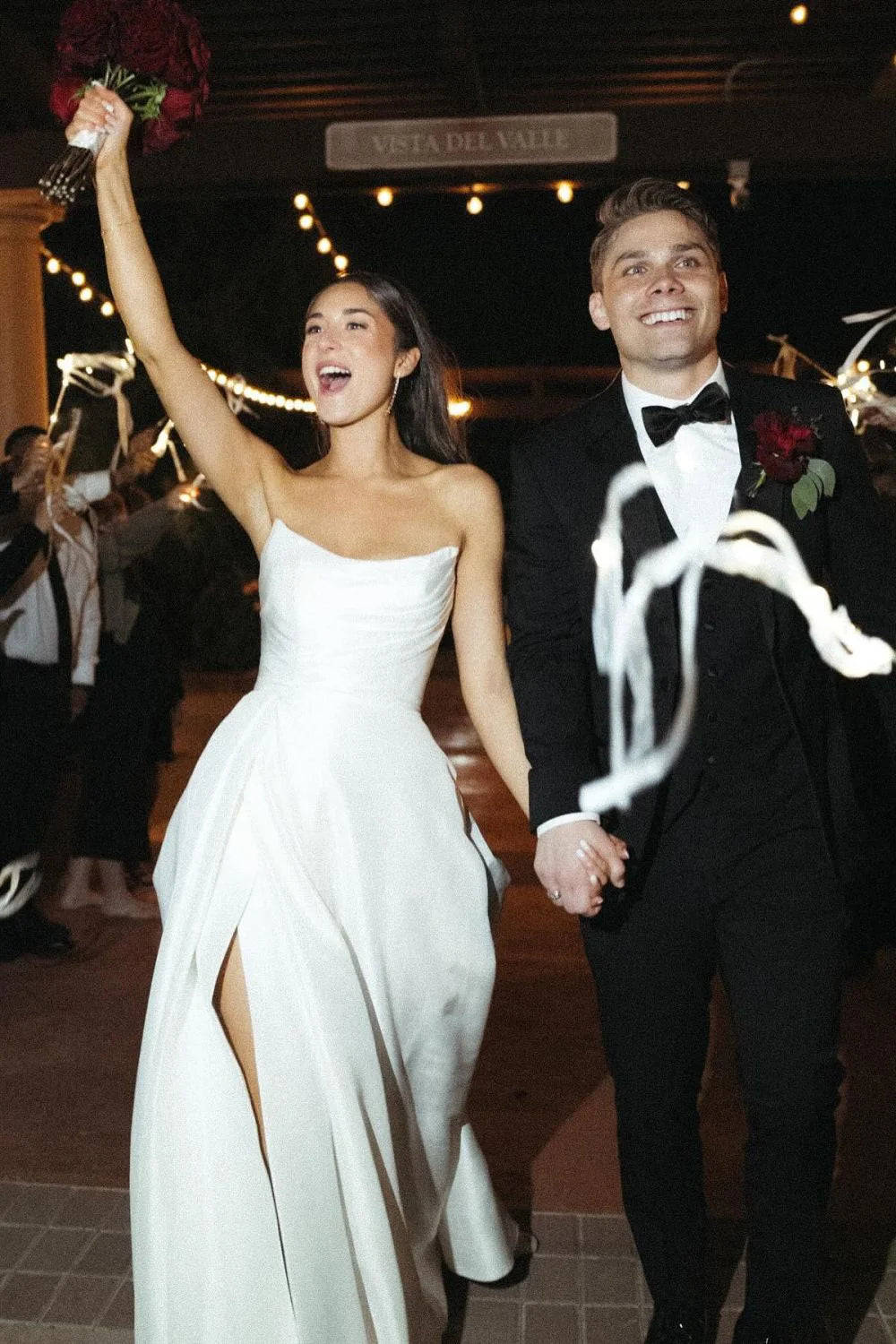 Charming A Line Strapless White Long Wedding Dress with Split Front