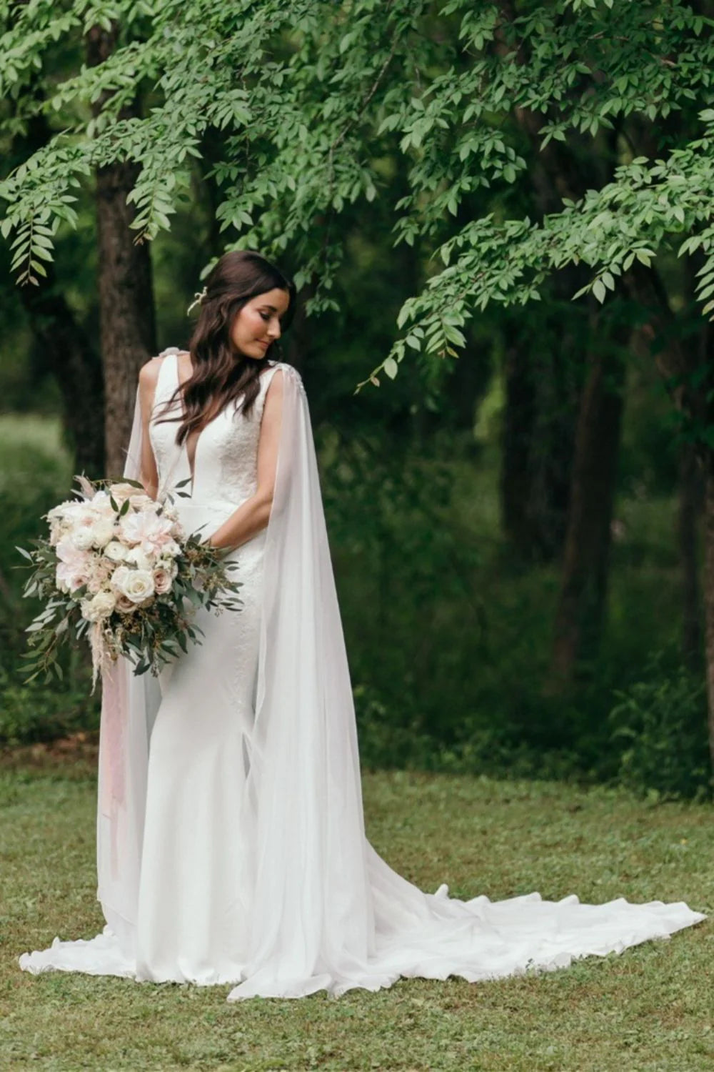 Classic Mermaid Deep V Neck White Long Wedding Dress with Cape