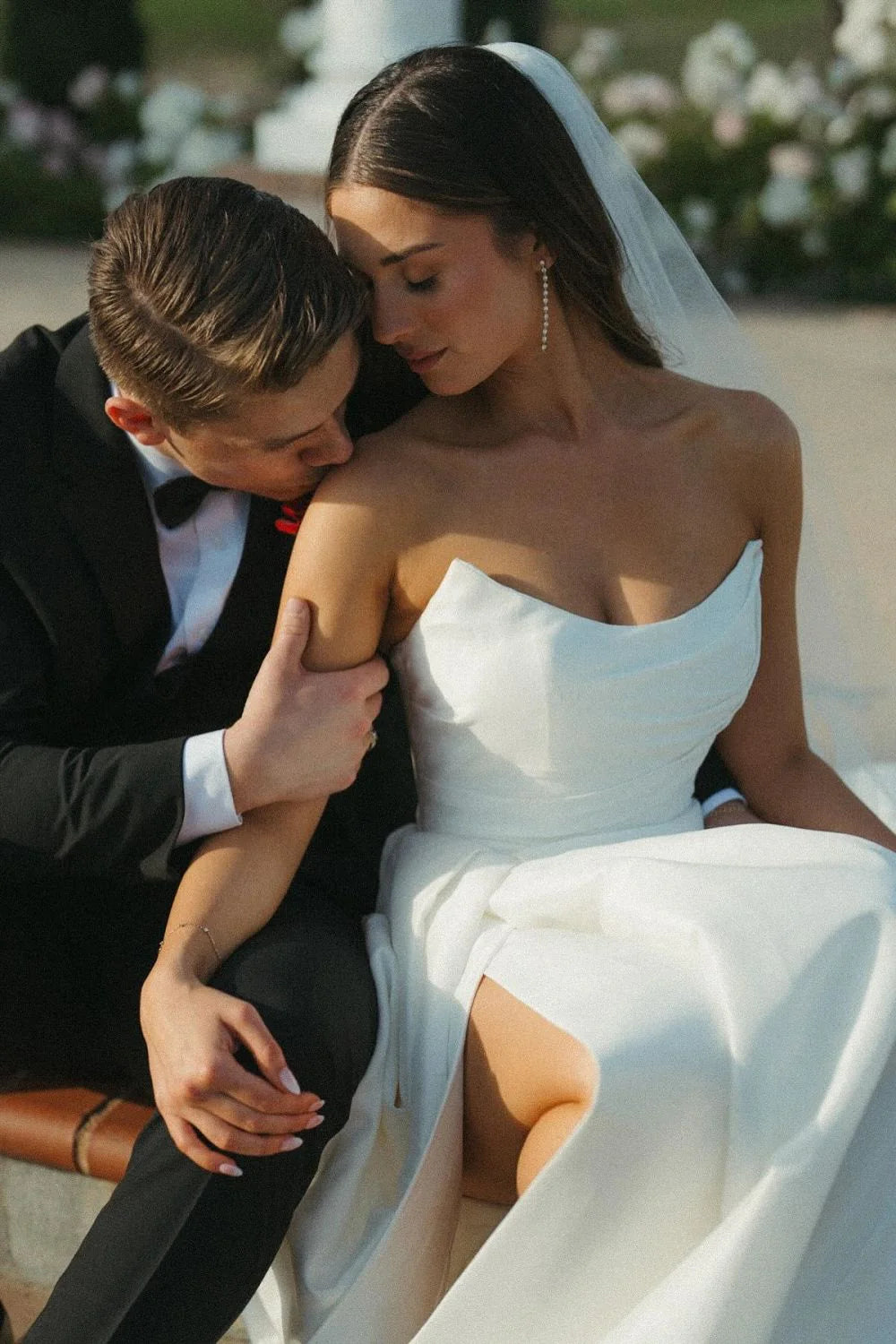 Charming A Line Strapless White Long Wedding Dress with Split Front