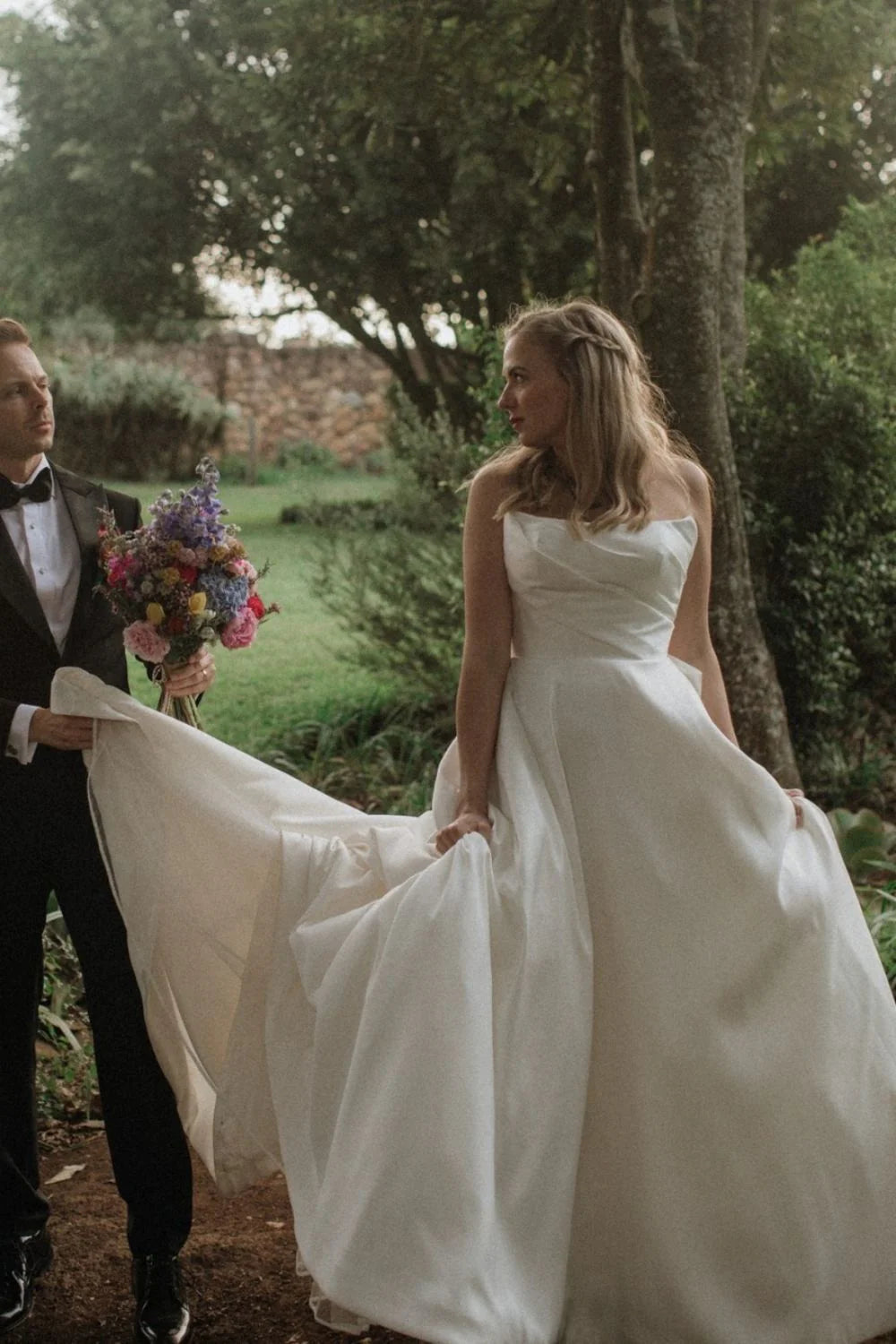 Elegant A Line Strapless White Satin Long Wedding Dress with Ruched