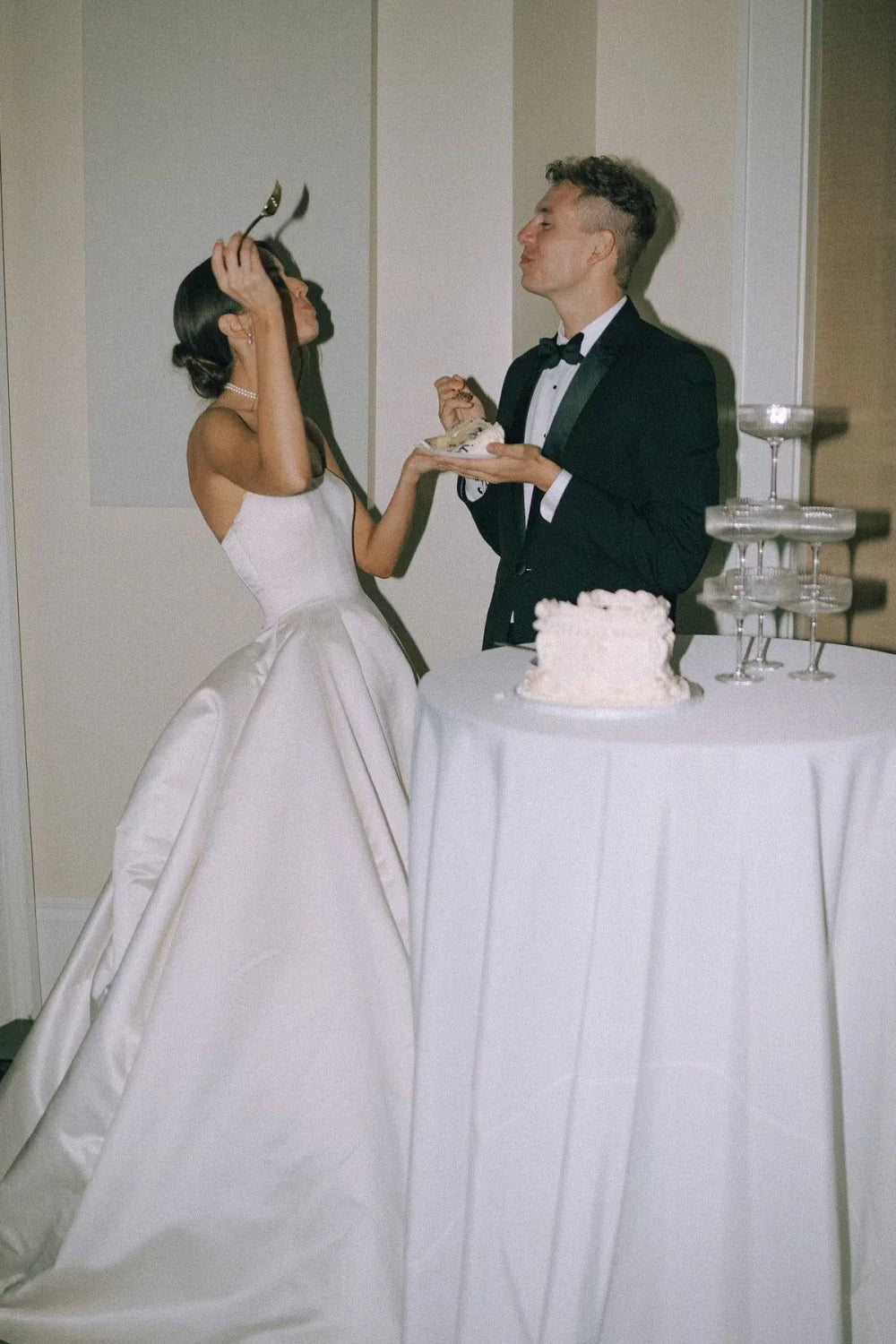 Simple A Line Strapless White Satin Wedding Dress with Sweep Train