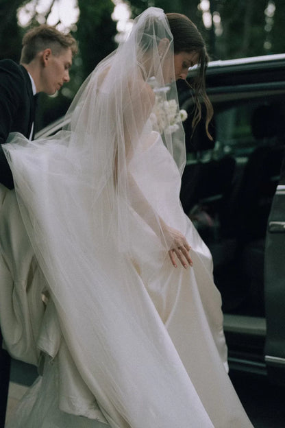Simple A Line Strapless White Satin Wedding Dress with Sweep Train