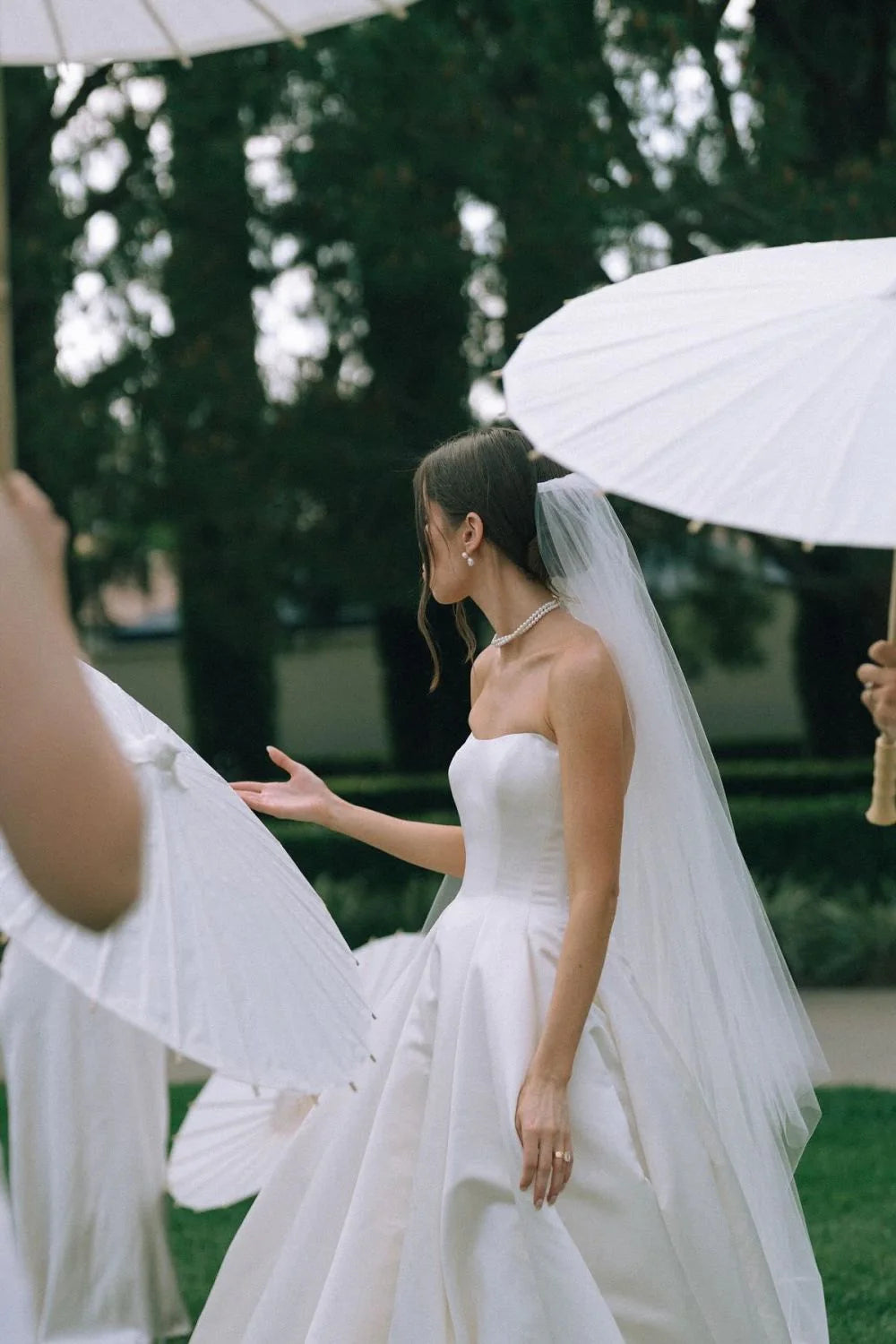 Simple A Line Strapless White Satin Wedding Dress with Sweep Train