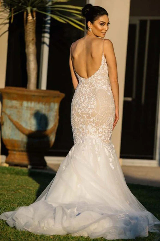 Charming mermaid sweetheart backless thin suspender chiffon wedding dress
