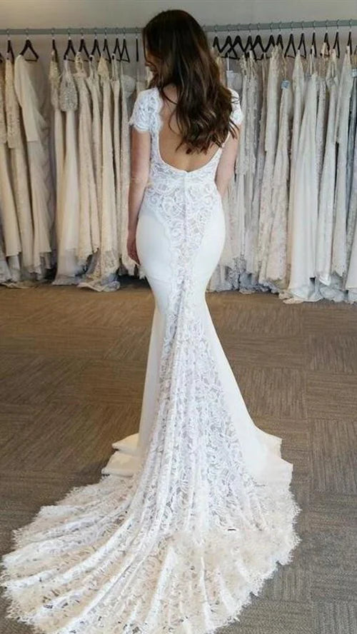 Short sleeved backless V-neck mermaid lace wedding dress