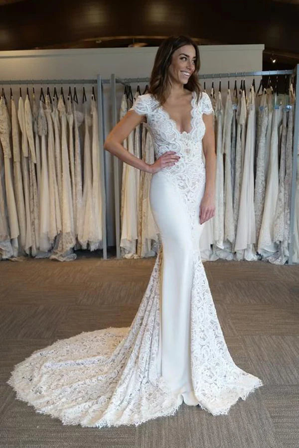Short sleeved backless V-neck mermaid lace wedding dress