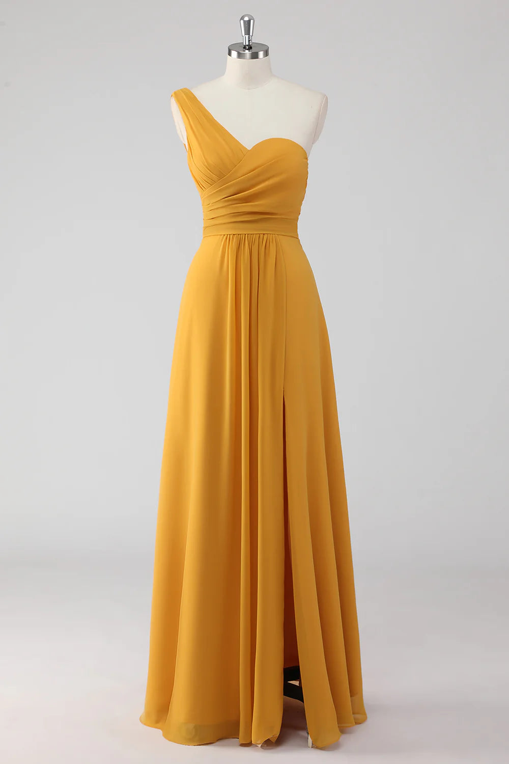 Yellow A Line One Shoulder Ruched Long Bridesmaid Dress with Slit